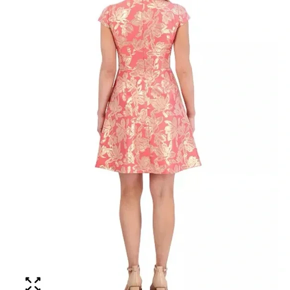 Vince Camuto Coral and Gold Jacquard Rose Floral Dress - Picture 2 of 6
